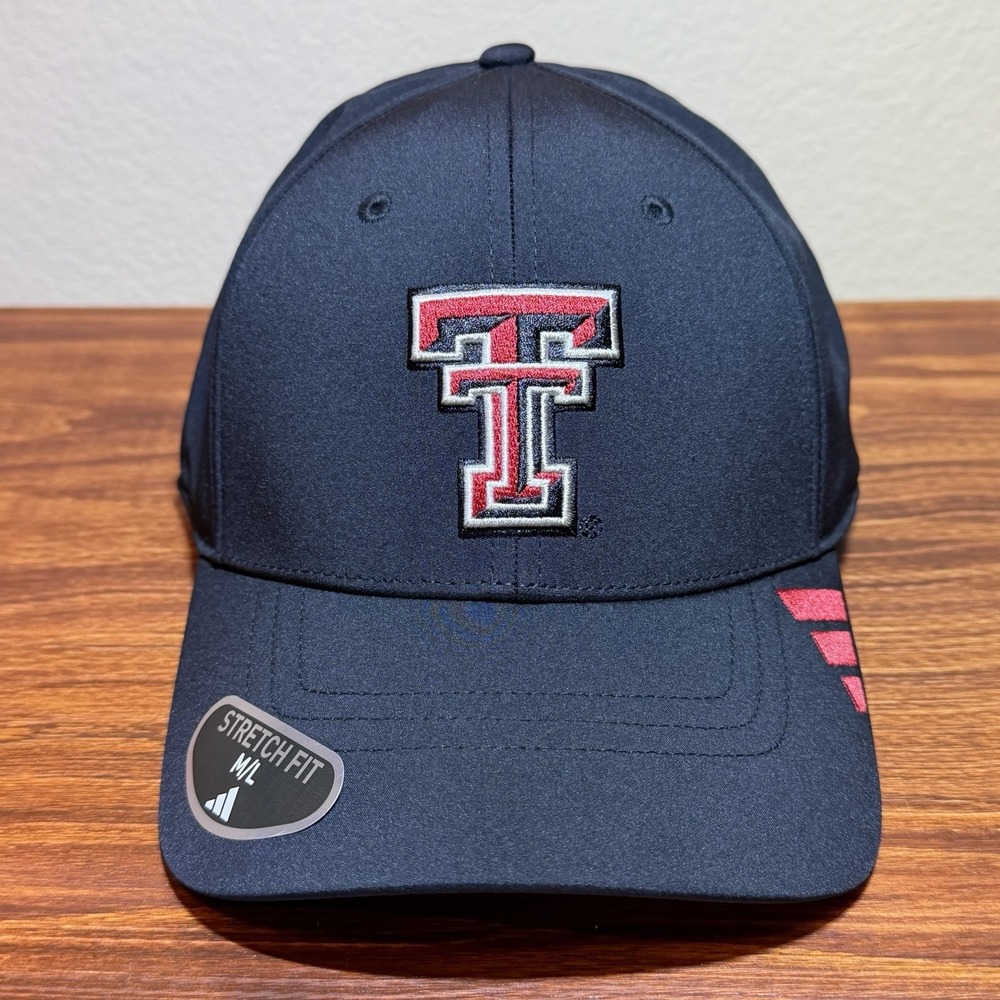 Adidas Texas Tech Stretch Fit Hat Performance Size M/L Cap Black Red NEW